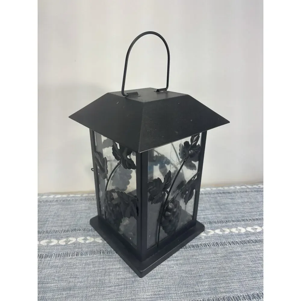 Black Metal Glass Lantern Grape Vine Candle Holder Rustic Tuscan Farmhouse Decor